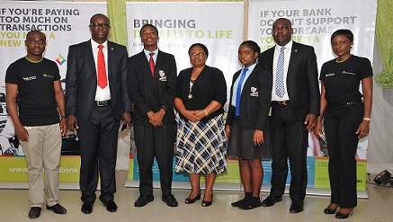 Caption: (L-R) Oluseye Thomas, Business Manager, Oshogbo Branch, Diamond Bank PLC; Akinleye Ogunleye, Regional Manager, Ibadan Region, Diamond Bank PLC; Omotoso Oluwaseun, Head Boy, Henry Alex-Duduyemi Memorial College, Ile-Ife; Mrs Deborah Akinpelu, Principal, Henry Alex-Duduyemi Memorial College, Ile-Ife; Esther Onwu, a student of Henry Alex-Duduyemi Memorial College, Ile-Ife; Dele Falade, Business Manager, Ilorin Branch, Diamond Bank PLC and Titilola Alabi, Team Lead, Corporate Social Responsibility, Di